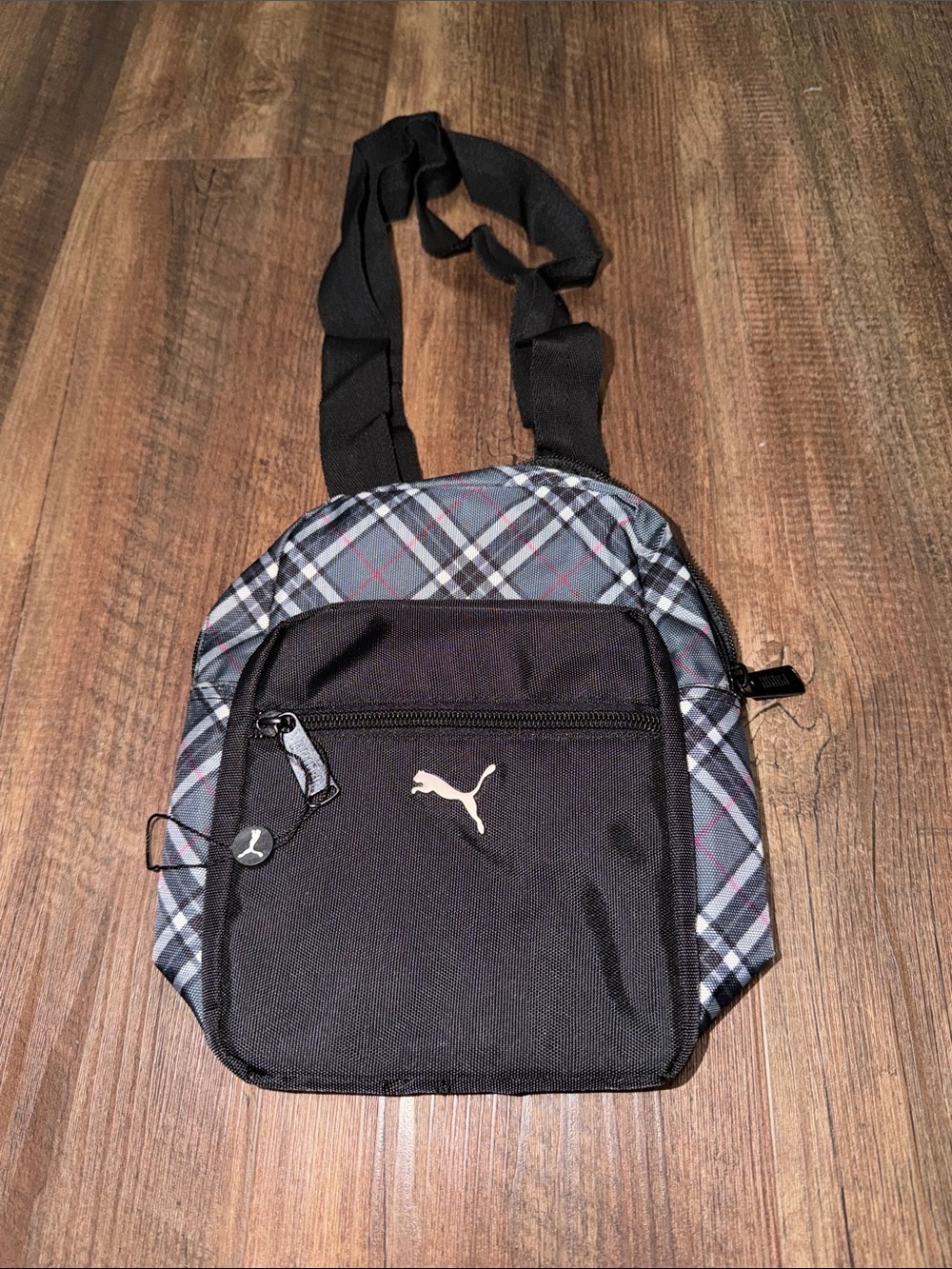 Puma Mens Crossbody Hip Shoulder Bag Black Plaid NWOT